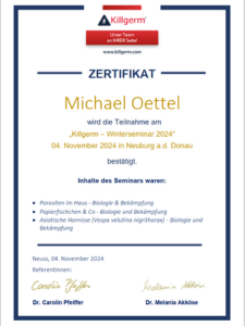Fachseminar Schädlingsbekämpfung – Killgerm Zertifikat 2024 Zertifikat Killgerm Winterseminar 2024 Schädlingsbekämpfung Michael Oettel Fachkunde Parasiten und Bettwanzen
