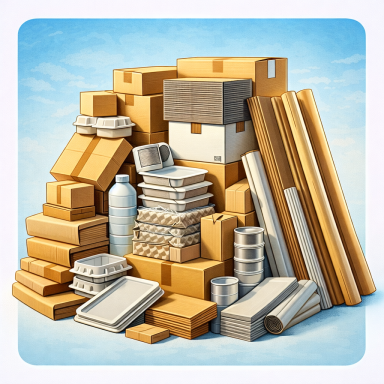 Lagerbestand mit Kartonagen und Verpackungsmaterial in einem Logistikzentrum.