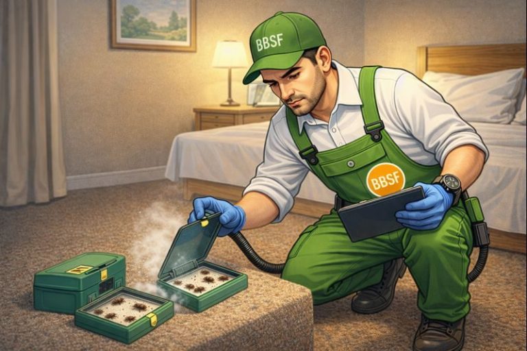 BBSF-Techniker kontrolliert Bettwanzen-Monitoringfallen und dokumentiert den Befall zur fachgerechten Nachverfolgung.