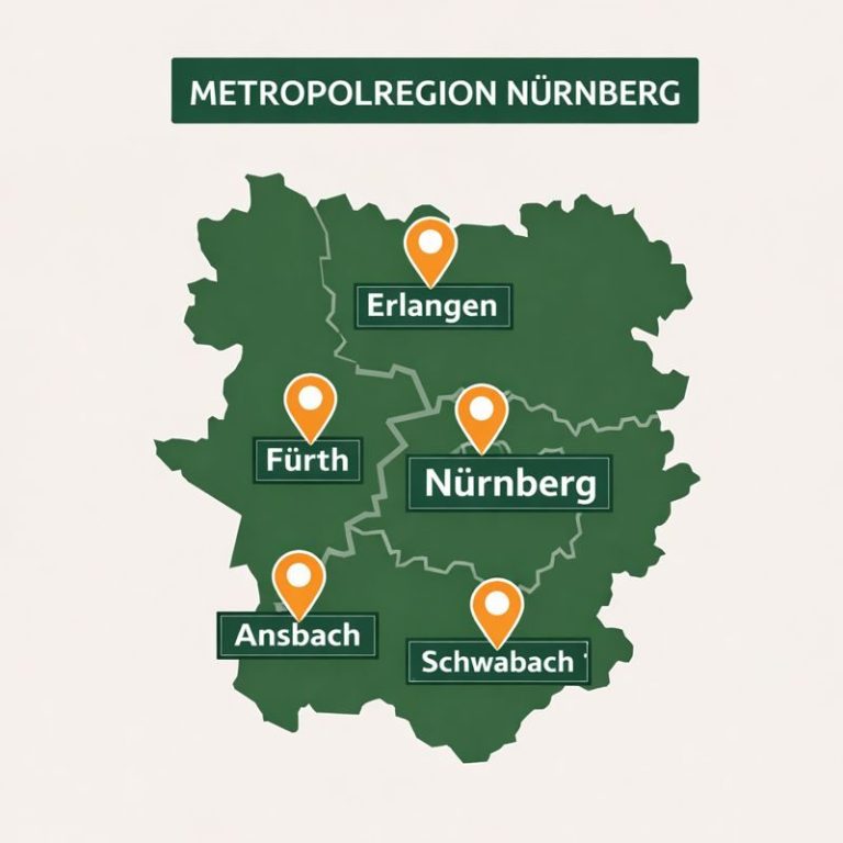 Karte der Metropolregion Nürnberg mit markierten Städten.