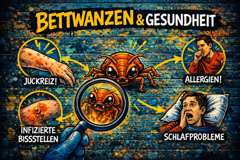 Bettwanzen und Gesundheit – mögliche Folgen von Bettwanzenbefall Grafik zeigt gesundheitliche Auswirkungen von Bettwanzen wie Juckreiz, allergische Reaktionen und Schlafprobleme.