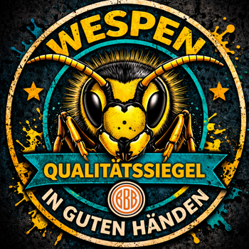 Qualitätssiegel für Wespenservice mit Illustration einer Deutschen Wespe – Symbol für fachgerechte Umsiedlung und Artenschutz in Franken.