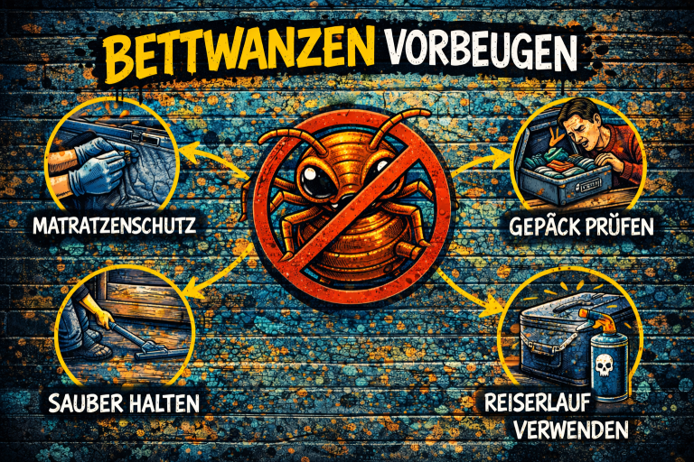 Bettwanzen vorbeugen – Tipps zur Vermeidung eines Befalls Street-Art Grafik zeigt Tipps zur Bettwanzen-Vorbeugung wie Matratzenbezüge, Gepäckkontrolle und Sauberkeit.
