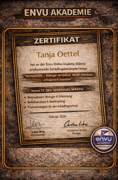 Envu Online Academy 2026 – Zertifikat Tanja Oettel Zertifikat der Envu Online Academy 2026 für Tanja Oettel – Weiterbildung zu Bettwanzenbiologie, Befallserkennung und Bekämpfungsstrategien.