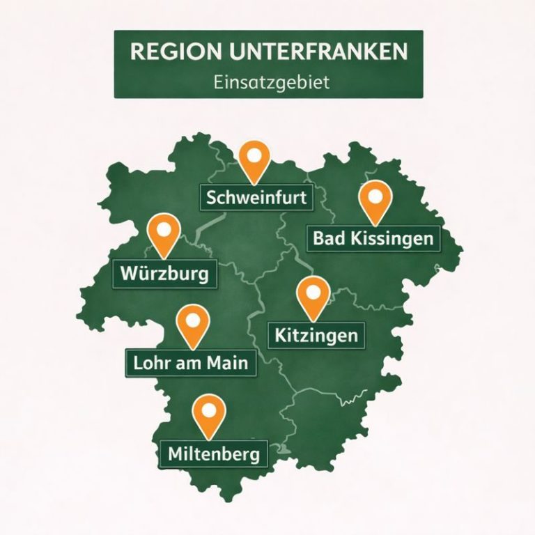 Karte der Region Unterfranken mit markierten Einsatzgebieten.