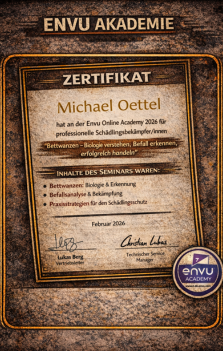 Envu Online Academy 2026 – Zertifikat Michael Oettel Zertifikat der Envu Online Academy 2026 für Michael Oettel – Schulung zu Bettwanzen, Befallerkennung und professioneller Bekämpfung.