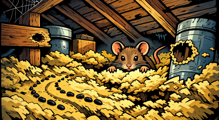 Maus im Dachboden zwischen Dämmung und Holzbalken mit Kotspuren und Nageschäden