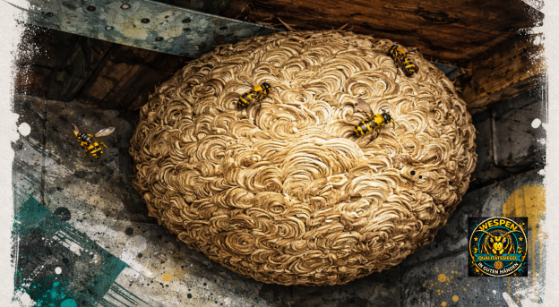 Nest der Gemeinen Wespe mit typischer beige-brauner Papierstruktur