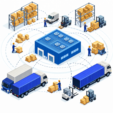 Distributionszentrum mit LKW-Flotte und Warenumschlag im Logistikbereich.