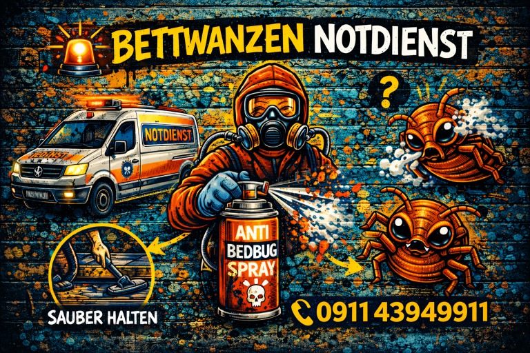 Bettwanzen Notdienst Fürth Nürnberg Erlangen – schnelle Hilfe bei Befall Street-Art Illustration zeigt Bettwanzen-Notdienst mit Schädlingsbekämpfer und Notdienst-Telefonnummer 0911 43949911 für schnelle Hilfe.