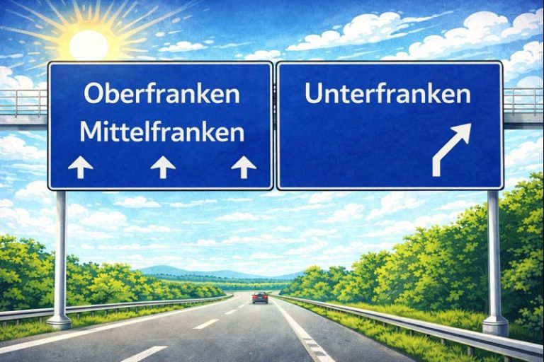 Comicartige Autobahnschilder mit den Regionen Oberfranken, Mittelfranken und Unterfranken.