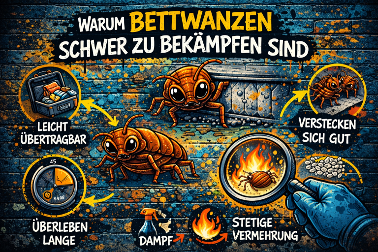 Warum Bettwanzen schwer zu bekämpfen sind Illustration erklärt warum Bettwanzen schwer zu beseitigen sind – schnelle Vermehrung, gute Verstecke und lange Überlebenszeit.