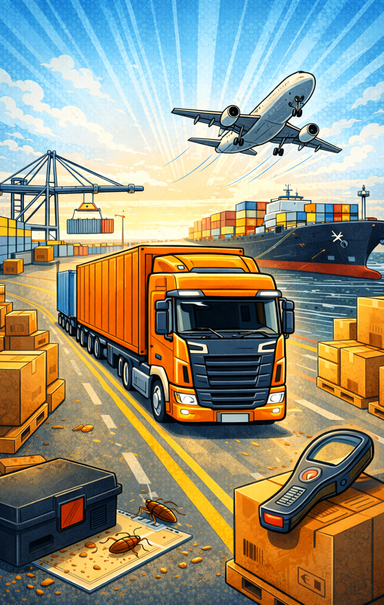 Containerhafen mit LKW und internationalem Warenumschlag im Logistikbereich.