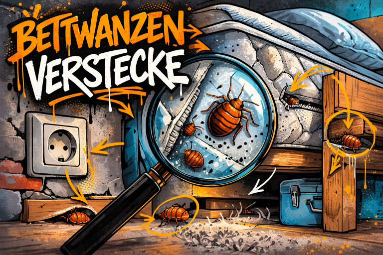 Bettwanzen Verstecke – typische Versteckorte im Schlafzimmer Grafik im Urban-Street-Art-Stil zeigt Bettwanzen-Verstecke wie Matratzennaht, Bettgestell, Steckdose und Gepäck.
