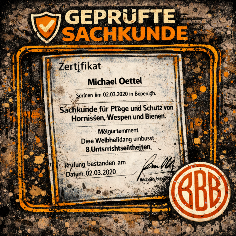 Sachkunde-Zertifikat für den fachgerechten Umgang mit Hornissen, Wespen und Bienen.