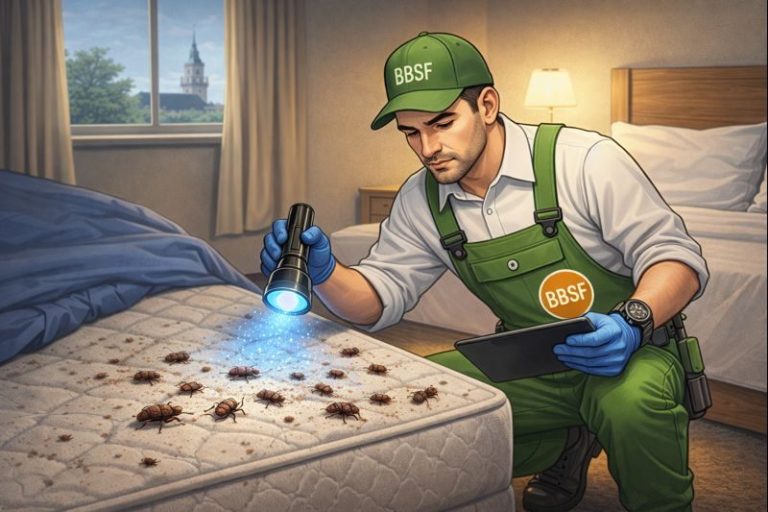 BBSF-Techniker prüft Matratze mit UV-Lampe zur fachlichen Ersteinschätzung bei akutem Bettwanzenverdacht im Innenraum.