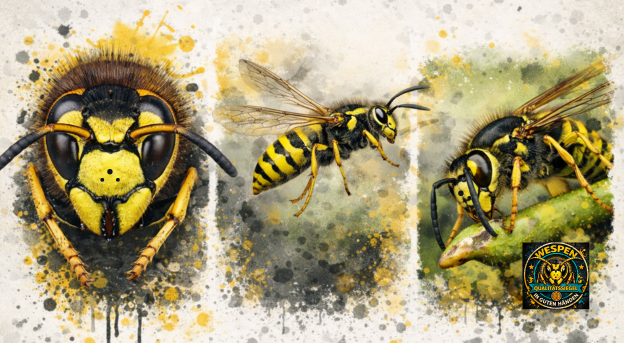 Illustration der Deutschen Wespe mit typischen gelb-schwarzen Streifen und charakteristischer Gesichtszeichnung.