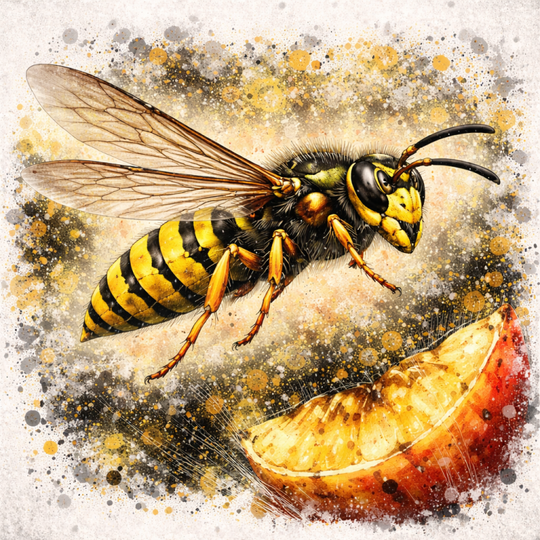 Gemeine Wespe im Flug – typische gelb-schwarze Faltenwespe.