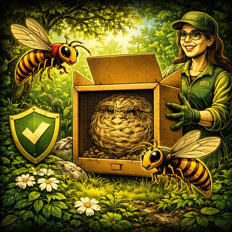 Hornissen & Wespen – Schutz und Umsiedlung Illustration einer fachgerechten Umsiedlung eines Hornissen- oder Wespennestes in einer Transportbox in natürlicher Umgebung.