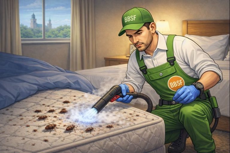 BBSF-Techniker behandelt eine Matratze mit Heißdampf zur sofortigen Bekämpfung eines akuten Bettwanzenbefalls.