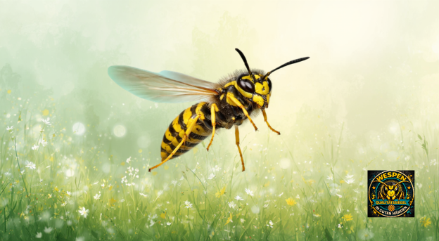 Gemeine Wespe im Flug über Wiese auf der Suche nach Nahrung
