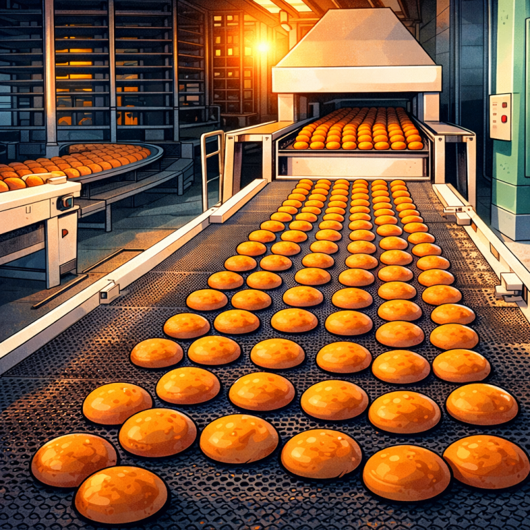 Industrielle Lebensmittelproduktion mit Förderband und Hygienekontrolle