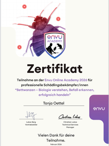 Bettwanzen Fachschulung – Envu Academy Zertifikat 2026 (Tanja Oettel) Zertifikat Bettwanzen Weiterbildung Envu Academy 2026 Tanja Oettel professionelle Schädlingsbekämpfung Bettwanzen