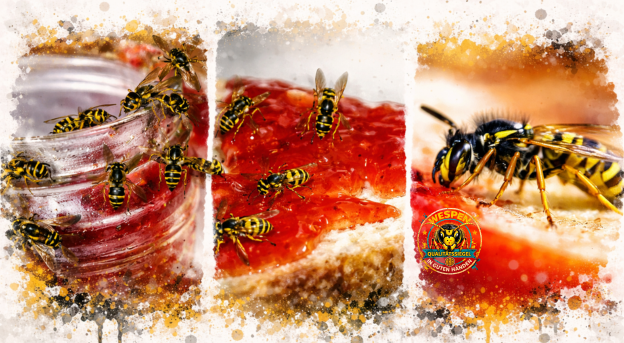 Mehrere Wespen sammeln Zucker an Marmelade und Obst – typische Nahrungssuche an süßen Lebensmitteln.