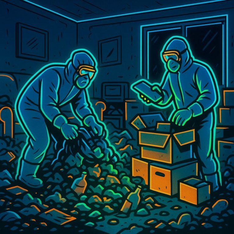 Fachgerechte Wohnungsräumung durch BBSF: Zwei Mitarbeitende räumen und sortieren stark vermüllte Messie-Wohnung mit Schutzkleidung.