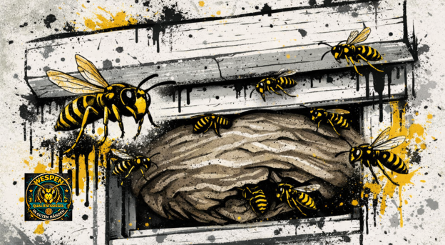 Mehrere Wespen fliegen in einen Rollladenkasten zu ihrem Nest – häufige Niststelle an Gebäuden.