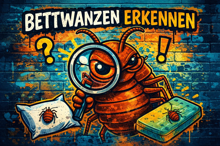 Bettwanzen erkennen – typische Merkmale und Hinweise Street-Art Illustration zeigt Bettwanzen auf Matratze und Bett mit Lupe – Hinweise wie Bettwanzen erkannt werden können.