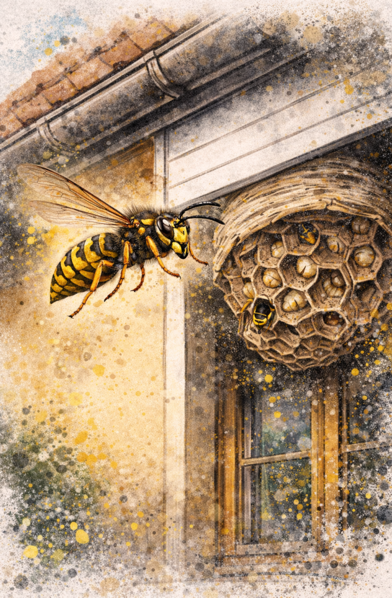 Wespennest an Hausfassade oder Dachüberstand eines Wohnhauses