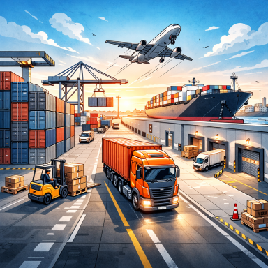 Logistikzentrum mit Containerhafen und LKW-Transport im internationalen Warenumschlag.