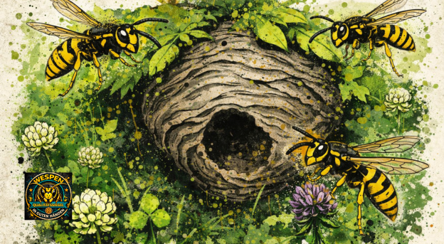 Mehrere Wespen fliegen um ein Nest im Garten zwischen Pflanzen und Blüten – typische Aktivität an einem Wespennest.