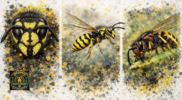 Typische Anker-Maske der Gemeinen Wespe. Drei Perspektiven: Kopf, Flug und Nahrungssuche.