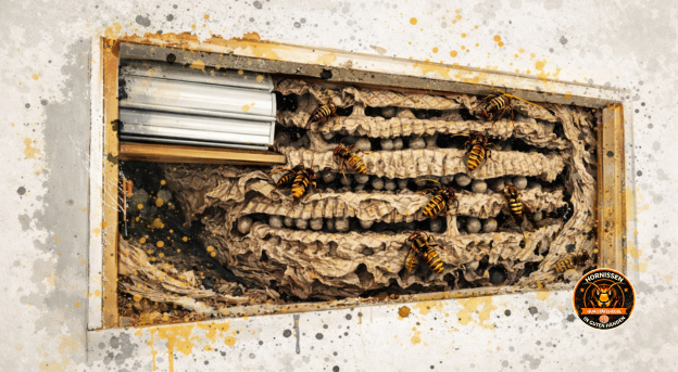 Hornissennest im Rollladenkasten mit mehreren Waben und Hornissen. Illustration eines Hornissennests (Vespa crabro) im Rollladenkasten mit mehreren Wabenebenen und aktiven Hornissen im Nest.