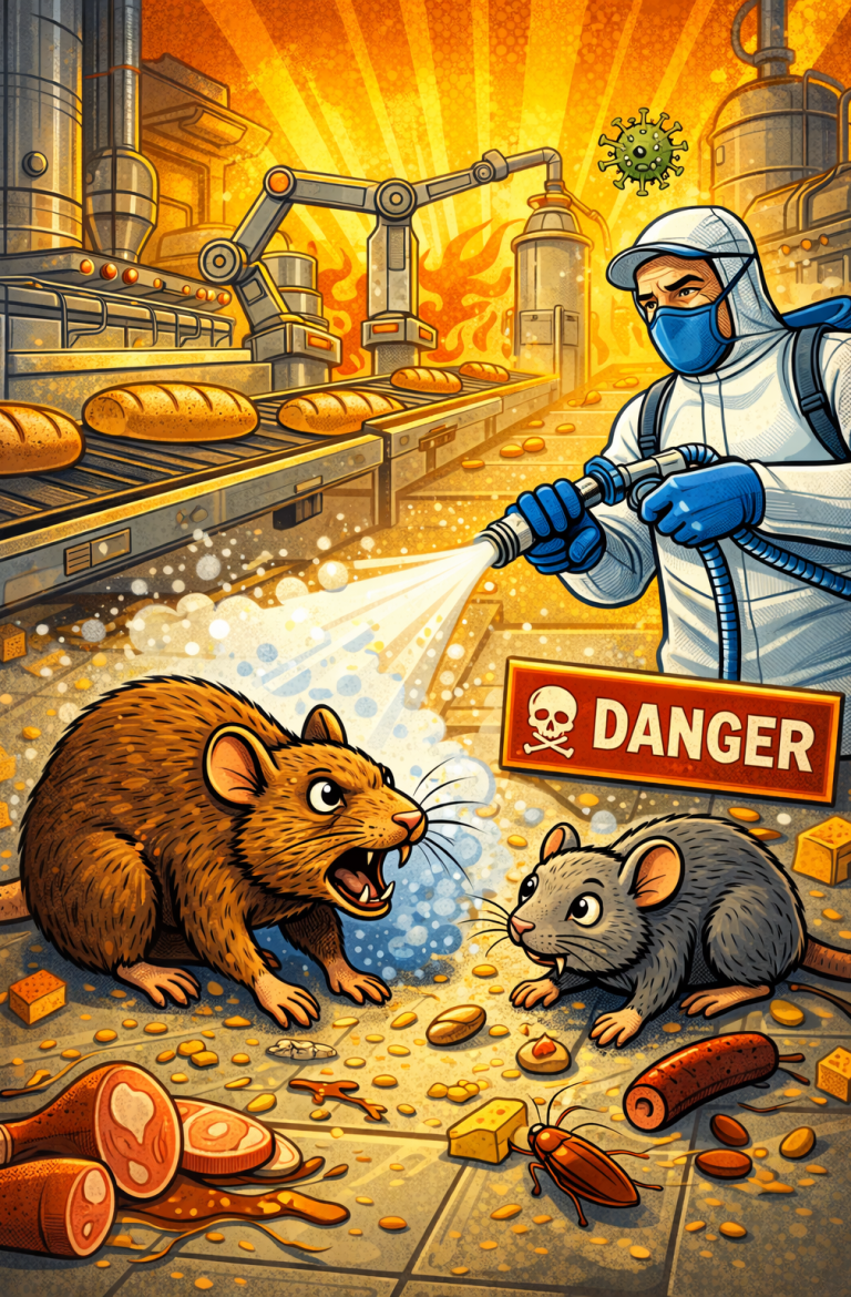 Produktionshalle mit Maschinen und Nagern als Beispiel für industrielles Schädlingsmanagement.